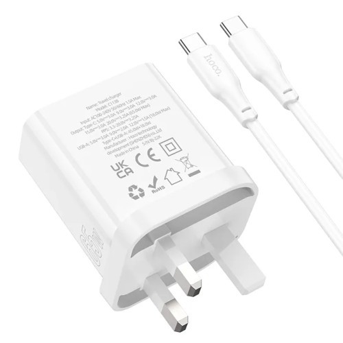 Hoco Bravery PD65W Dual Port Fast Charging Adapter with Type C to Type C Cable C113B White